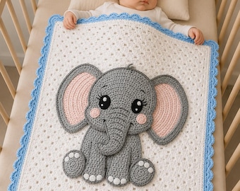 Couverture éléphant au crochet, motif PDF, motif au crochet 3D avec amour des animaux, tutoriel couverture pour chambre d'enfant, couverture éléphant Amigurumi