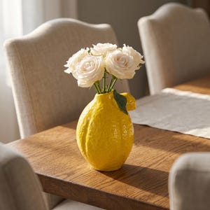 Puede incluir: Un jarrón de cerámica de color amarillo brillante con forma de limón, superficie texturizada y un pequeño detalle de hoja verde cerca de la abertura superior. El jarrón contiene un ramo de cinco rosas color crema con pétalos visibles.