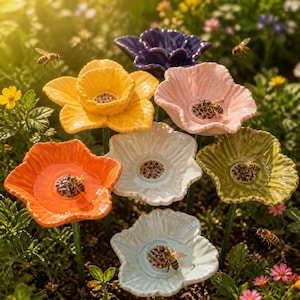May include: A collection of six ceramic flower-shaped garden stakes in yellow, pink, orange, white, olive green, and light blue, each featuring a central textured disc. Several honeybees are perched on the petals and centers of the flowers.