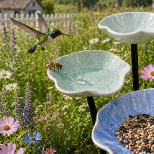 Könnte beinhalten: Drei blumenförmige Keramikschalen auf schwarzen Metallstäben. Die oberen zwei Schalen sind hellgrün mit Craquelé-Glasur, eine davon mit Wasser gefüllt. Die untere Schale ist blau mit Craquelé-Glasur und mit einer Vogelfuttermischung gefüllt.