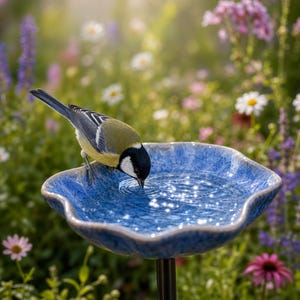 Könnte beinhalten: Eine Kohlmeise mit gelbem, schwarzem und weißem Gefieder trinkt aus einer blauen Keramik-Vogeltränke mit gewelltem Rand. Die Schale hat eine texturierte, rissige Glasur und ist mit klarem Wasser gefüllt, das das Sonnenlicht reflektiert.