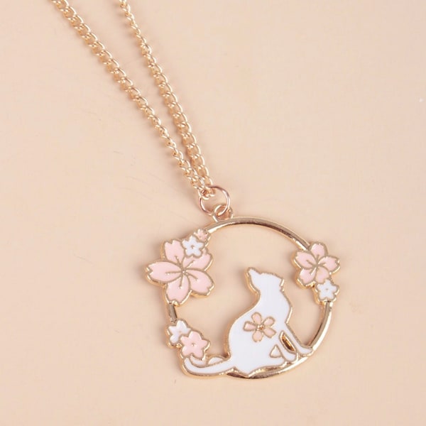 Gold Enamel Kitty Cat Floral Pendant Charm Necklace