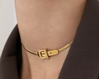 Adjustable Fashion Gold Belt Buckle Choker Necklace STAINLESS STEEL