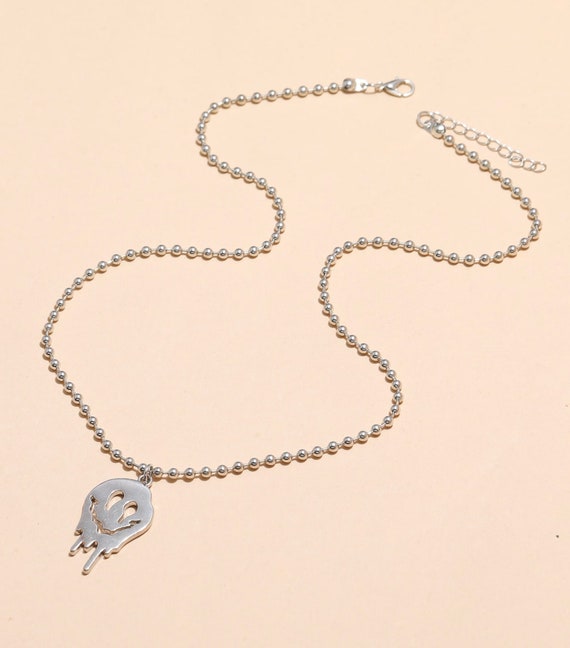 Dripping Silver Smiley Face Pendant Necklace 90s inspired Etsy