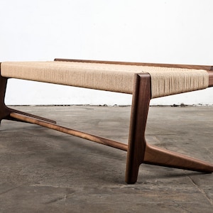 Long, Cantilever Bench, Bedroom, Entry Way, Woven Danish Cord, Mid-Century, Walnut, Hardwood image 1