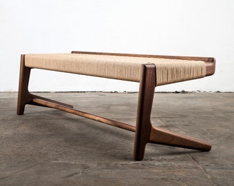 Long, Cantilever Bench, Bedroom, Entry Way, Woven Danish Cord, Mid-Century, Walnut, Hardwood