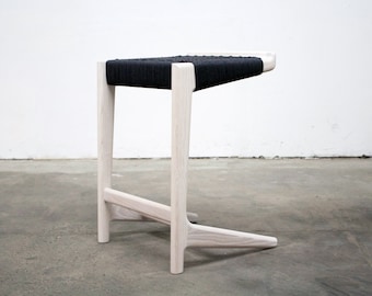Cantilever Barstool, Black Woven Danish Cord, White Washed Hardwood, Mid-Century Modern Rian Collection