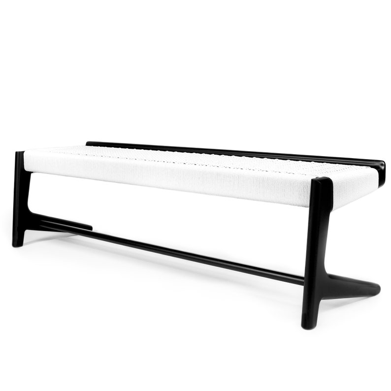 Long Bench, Black Ebonized Maple, White Woven Danish Cord, Cantilever, Mid-Century Modern, Hardwood, Entry, Bedroom image 1