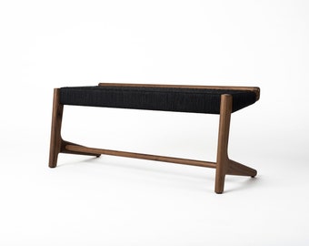 Cantilever Bench, Walnut, Black Woven Danish Cord, Mid-Century Modern, Hardwood, Rian Collection