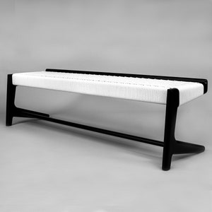 Long Bench, Black Ebonized Maple, White Woven Danish Cord, Cantilever, Mid-Century Modern, Hardwood, Entry, Bedroom image 6