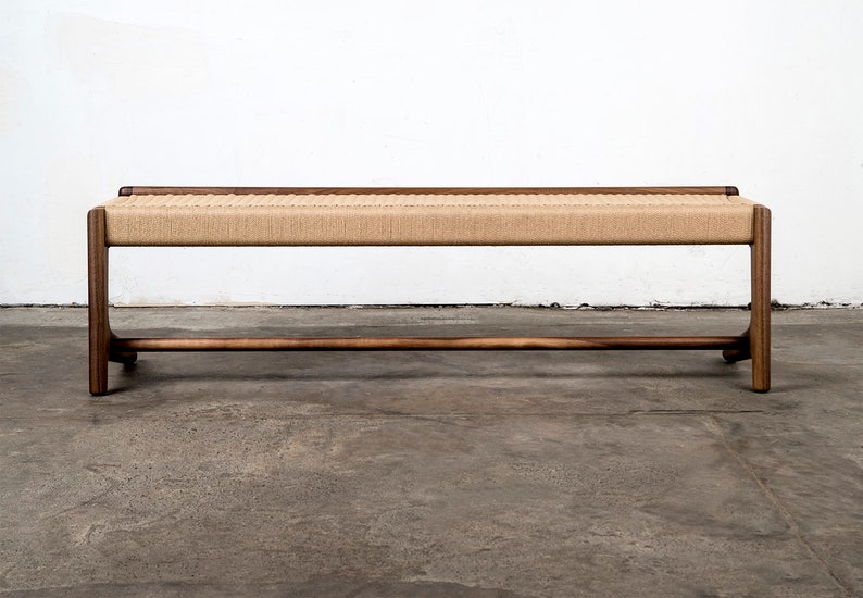 Long, Cantilever Bench, Bedroom, Entry Way, Woven Danish Cord, Mid-Century, Walnut, Hardwood image 3