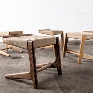 Cantilever Stool, Walnut, Woven Danish Cord, Mid-Century, Hardwood, Rian Collection image 10