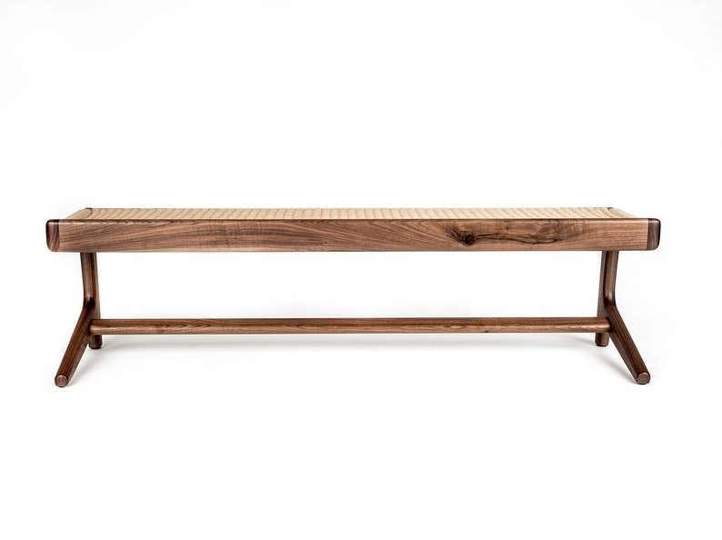 Long, Cantilever Bench, Bedroom, Entry Way, Woven Danish Cord, Mid-Century, Walnut, Hardwood image 9