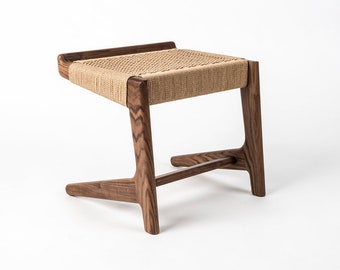 Cantilever Stool, Walnut, Woven Danish Cord, Mid-Century, Hardwood, Rian Collection