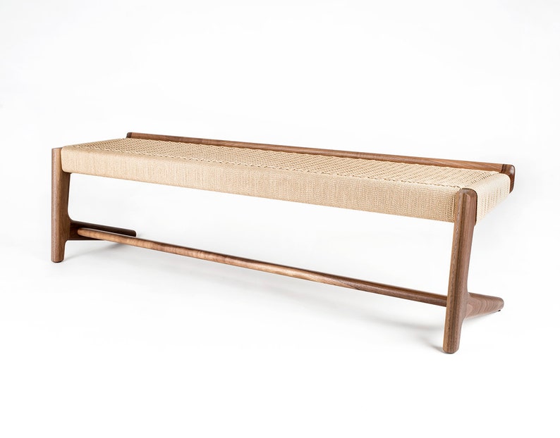 Long, Cantilever Bench, Bedroom, Entry Way, Woven Danish Cord, Mid-Century, Walnut, Hardwood image 5