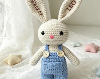 Benutzerdefinierte handgemachte häkeln Puppe, mit Name & Datum Häschen Geschenk für Jungen, Amigurumi Plüsch-Spielzeug gehäkelt