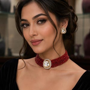 Ruby Red Beaded Choker Set, Crimson Indian Wedding Necklace, Polki Stud Earrings, Traditional Bridal Kundan Choker, Gift for her