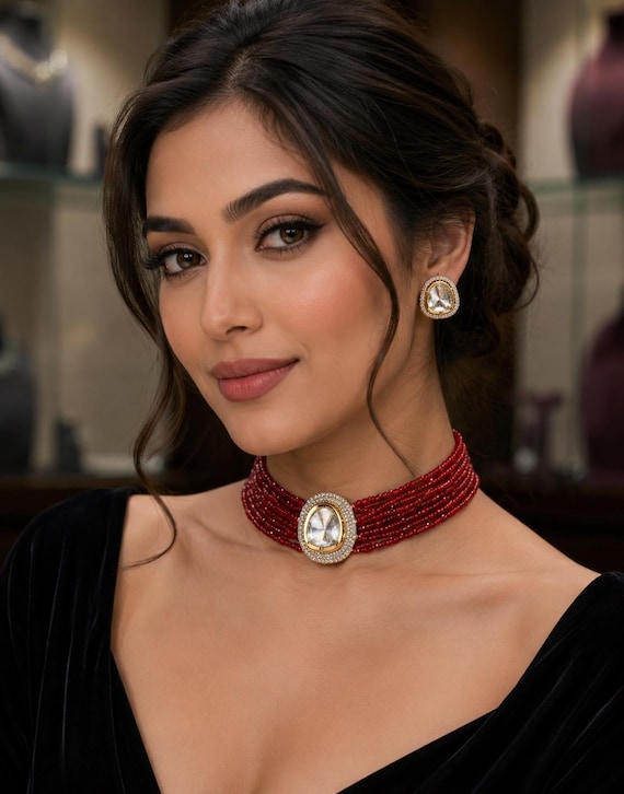Ruby Red Beaded Choker Set, Crimson Indian Wedding Necklace, Polki 