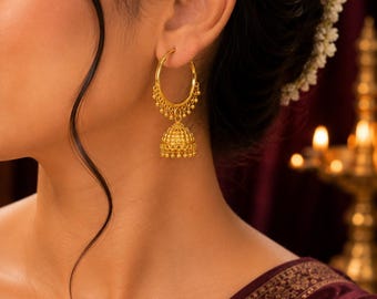 Guldfärgade Jhumka-örhängen, guldpläterade Bali Jhumki, indiska ringörhängen med hängande Jhumka-klocka, traditionella etniska smycken, present till henne
