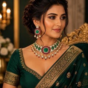 May include: A gold necklace and matching drop earrings featuring large square-cut green stones, surrounded by smaller red stones and white pearls. The jewelry set is worn with a dark green garment featuring intricate gold embroidery along the neckline.