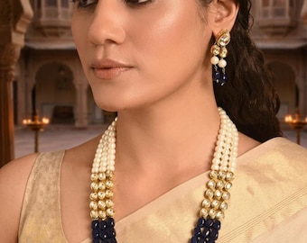 Set met Kundan-parel en marineblauwe kralenketting | Indiase huwelijkssieraden, cadeau voor haar