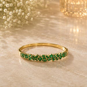 Justerbart guldpläterat smaragdgrönt armband, guldmosaikbaguettearmband, grön stenmanschett, art déco-kristallarmband, lyxgåva