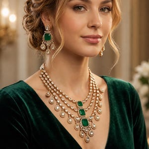 Set girocollo verde smeraldo, collana vistosa a strati in oro, gioielli da sposa ispirati al Kundan, set da matrimonio reale indiano, orecchini a lampadario