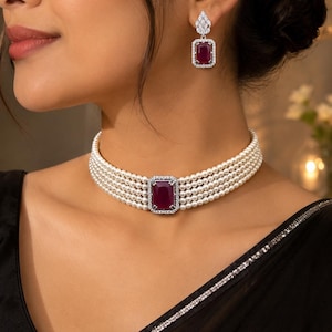 Vintage Ruby Pearl Choker Set with Earrings, Multi Strand Pearl Necklace, Emerald Cut Ruby Statement Bridal Choker, Indian Wedding Jewelry