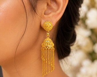 Long Chain Gold Jhumka Earrings | Indian Tassel Jhumki | 22k Gold Plated Statement Earrings | Ethnic Bridal Jewelry | Wedding Gift for Her