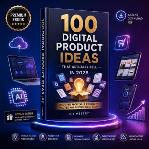 May include: A dark blue book titled 100 Digital Product Ideas That Actually Sell In 2026 by R.S. Mestry, featuring a glowing lightbulb icon, digital icons, and text about bonus worksheets, checklists, and AI tools on a glowing circular platform.