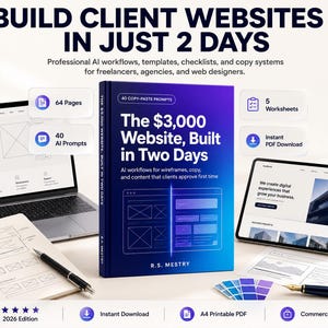 Pode incluir: Um livro azul intitulado The $3,000 Website, Built in Two Days de R.S. Mestry, rodeado por um portátil, tablet, caderno e canetas. A imagem exibe texto incluindo 64 Pages, 40 AI Prompts, 5 Worksheets e ícones de Instant PDF Download.