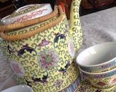 50 Off, Vintage Famille Rose Porcelain Tea Set, Yellow Porcelain, Pink Rose, 7 quot Tea Pot, 10 quot Tray, 4, 2 quot Cups