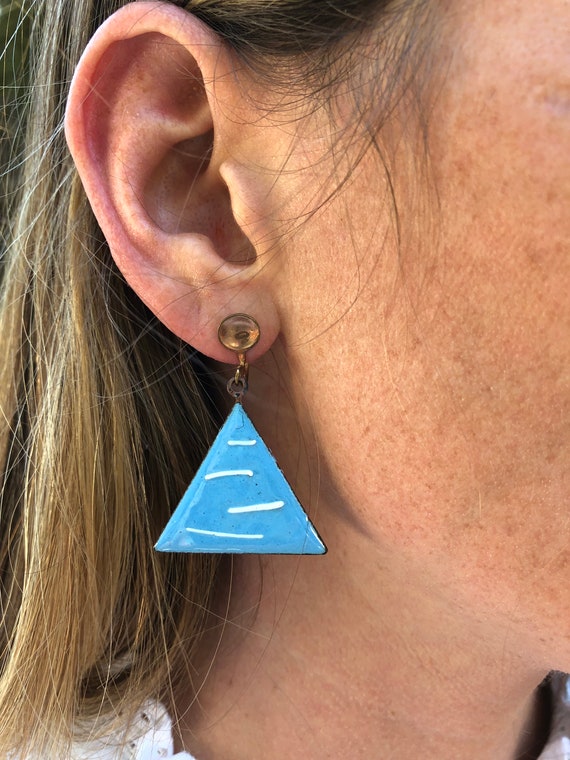 Art Deco Screw Back Enamel Pyramid Earrings, Blue 