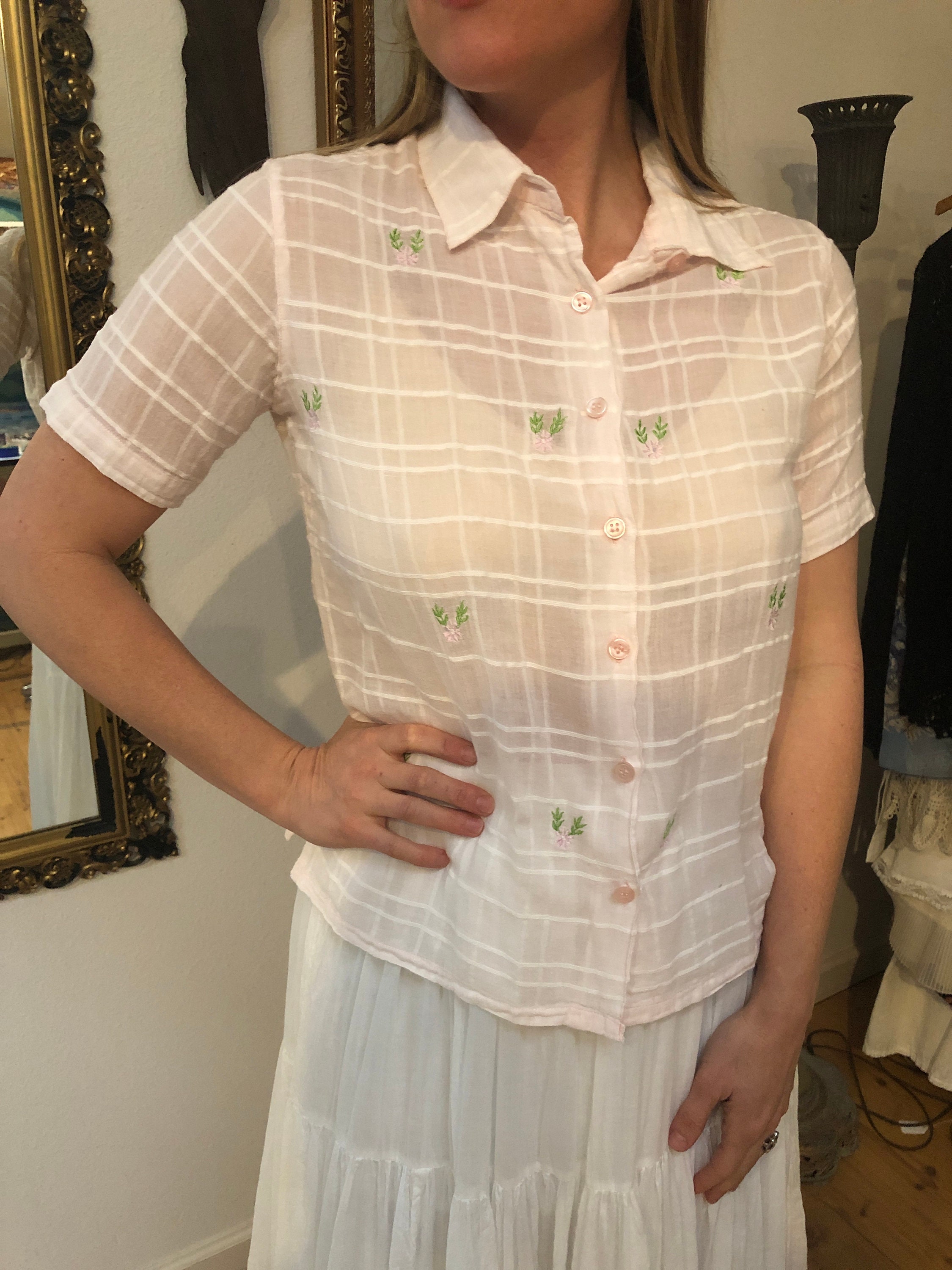 Sheer Blush Pink Cotton with Tiny Floral Embroidery Button Front Short Sleeve Top, Size M