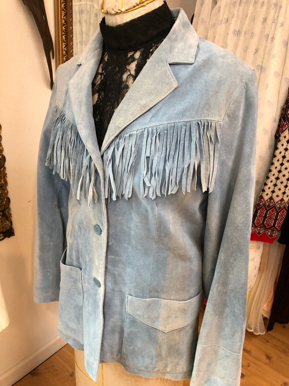 Light Blue Suede Fringe Leather Jacket 