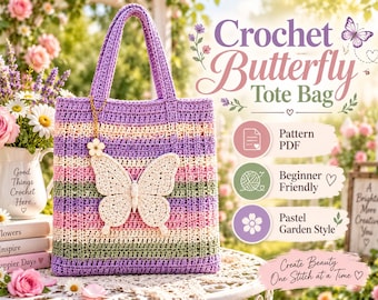 Shoulder Bag, Beginner Crochet Butterfly Tote Bag Pattern | Pastel Stripes, Appliqué (PDF Download)