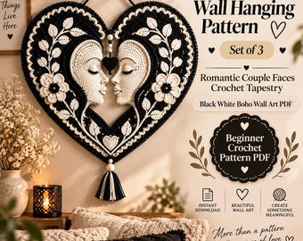 Crochet Heart, Wall Hanging Pattern, Home Deocor, Bed room Decor, Romantic Couple Faces Tapestry (PDF)