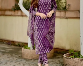 Conjunto de Kurti e Calça em Algodão Estampado com Dupatta Kota Doriya, Roupa Étnica Festiva