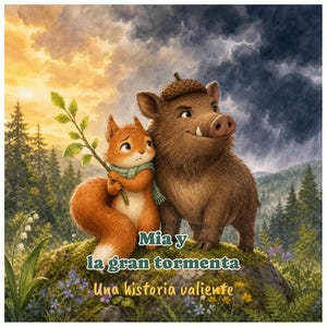 May include: A watercolor-style illustration of a brown squirrel holding a green branch and a brown boar wearing an acorn cap, standing on a mossy rock. The text reads Mia y la gran tormenta and Una historia valiente against a forest background.