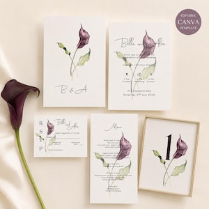 Può includere: Un set di cancelleria per matrimoni con un'illustrazione ad acquerello di una calla viola scuro. Il set include un invito, una scheda RSVP, un menu e un segnatavolo con testo nero. A sinistra è posizionato un singolo stelo di calla viola.