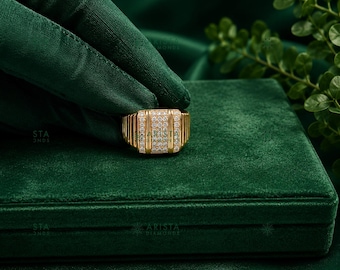 Mens Lab Grown Diamond Signet Ring 14K Yellow Gold Diamond Statement Ring Luxury Mens Wedding Band