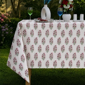 Pink Floral Rectangular Dining Table Cover | Hand Block Print Cotton Tablecloth | Indian Handmade Farmhouse Table Linen | Boho Home Decor