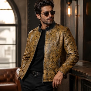 Men's Handmade Python Snake Print Leather Jacket - Genuine Cowhide Biker Jacket - Custom Size - Black Collar Zip Up Outerwear - Exotic Gift