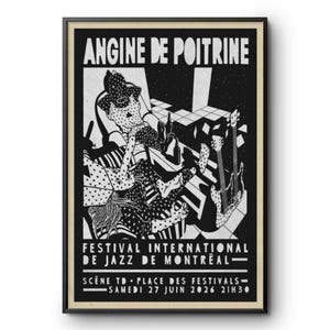 以下が含まれることがあります： Angine de Poitrineと書かれたモントリオール国際ジャズフェスティバルの白黒ポスター。水玉模様の服を着た様式化された人物、ギター、ボトルが、タイル張りの床の部屋に描かれています。