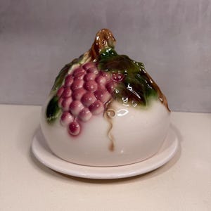Hand Crafted Ceramic Grape-Motif Cheese Dome & Under Plate Set by Barbara Eigen