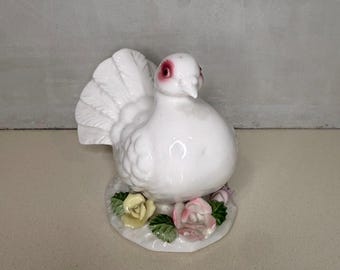 Vintage White Dove Figurine with Roses, Porcelain Bird Statue