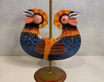 Hand-painted Folk Art Rooster Metal Candleholder