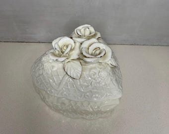 Victorian style Heart-shaped Bisque Porcelain Trinket Box features Three Sculpted White Roses