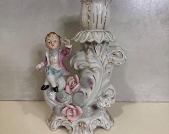 Vintage Dresden style Figural Porcelain Candlestick Holder with applied Roses c. 1930s-1960s