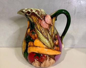 Vintage Hand Painted Italian Majolica style Vegetable Pitcher, Harvest Ceramic Jug, Farmhouse decor 1960s-1980s